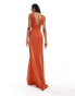 TFNC Bridesmaids Tall satin deep V back waist cut out satin maxi dress in rust