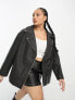 ASOS DESIGN Curve washed faux leather longline biker jacket in black