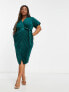 Closet London Plus kimono sleeve velvet midi dress with wrap tie in emerald