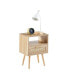 Rattan End Table With Power Outlet & USB Ports, Modern Nightstand With Drawer And Solid Wood