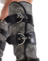 Public Desire Samurai kitten heel knee boots with buckles in black washed denim