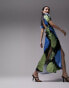 Topshop v neck flutter sleeve printed maxi dress with in blue and green