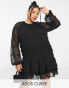 ASOS DESIGN Curve lace insert ruched mini smock dress in black