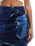 Edited mesh midi skirt in denim patchwork print