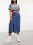 Only denim midi skirt with front split in mid blue