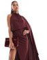 ASOS DESIGN one shoulder cape red carpet maxi with train in burgundy