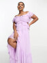 ASOS DESIGN Curve ruffle cut out off the shoulder maxi dress with hi low hem in lilac