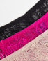 ASOS DESIGN 3 pack elasticated tanga & lace brazilian in taupe, black and cerise