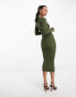 Фото #6 товара In The Style ribbed midi v neck dress in khaki