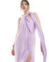 Фото #4 товара ASOS DESIGN satin halter wrap neck detail maxi dress with drape detail in lavender