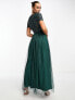 Maya Bridesmaid short sleeve maxi tulle dress with tonal delicate sequins in emerald green