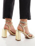 ASOS DESIGN Wide Fit Hampstead studded mid heeled sandals in gold