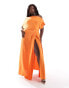 Фото #1 товара ASOS DESIGN Curve exclusive satin off shoulder high split maxi dress in orange