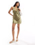 Фото #1 товара Miss Selfridge satin lace trim halter mini dress in khaki