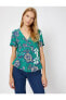 Kadın Yeşil Renkli Çiçek Desenli V Yaka Bluz 9YAK62091UW