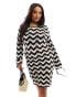 Фото #2 товара In The Style Plus crochet long sleeve mini dress in cream & black zig zag print