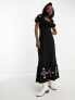 Фото #1 товара Miss Selfridge shirred bodice maxi dress with embroidered puff sleeve detail in black