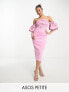 Фото #1 товара ASOS DESIGN Petite bardot puff sleeve midi dress with floral sequin embellishment in pink