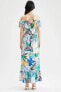 Фото #5 товара Платье женское длинное с открытыми плечами, с принтом цветов и оборками DeFacto Maxi Viskon
