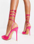 Truffle Collection pointed stiletto heeled shoes with tie leg in pink satin