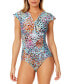 Фото #1 товара Women's Printed Flutter-Sleeve Zip-Up One-Piece Swimsuit