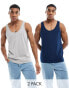 ASOS DESIGN 2 pack vests in navy and grey marl