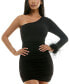 Фото #1 товара Juniors' Asymmetric One-Sleeve Feather-Trim Ruched Bodycon Dress