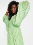 Фото #3 товара Miss Selfridge metallic chiffon shirred volume sleeve midaxi dress in green ditsy