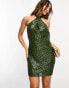 ASOS DESIGN embellished halterneck twist mini dress in allover sequin in khaki 32 - фото #8