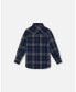 Big Boys Button Down Flannel Shirt With Pocket Plaid Navy And Gray