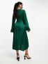 TFNC satin midi wrap dress with faux feather cuffs in emerald green