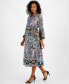 Women's Printed Satin Long-Sleeve Midi Dress