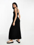 ASOS DESIGN scoop drape midi with ruched seam and poppers in black