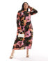 ASOS DESIGN Curve viscose slash neck midi dress with v-back detail in large black floral print