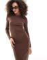 Фото #3 товара Pimkie ruched waist long sleeve bodycon midi dress in brown