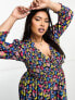 ASOS DESIGN Curve midi smock dress with shirred cuffs in black based multi floral print