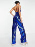 ASOS DESIGN embellished plunge halterneck jumpsuit in blue square sequin