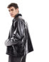 ASOS DESIGN oversized faux leather harrington jacket with cord collar in black