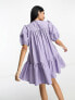 Фото #2 товара ASOS DESIGN cotton shirred mini smock dress with puff sleeve in lilac