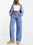 Bershka high waisted contrast stitch baggy cargo jeans in mid blue