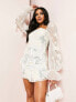 ASOS LUXE applique embroidered puff sleeve tassle detail mini dress in white