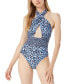 Фото #1 товара Michael Michael Kors Women's Cross-Front Cut-Out One-Piece Halter Swimsuit Sz 10