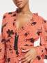 ASOS DESIGN gathered waist long sleeve mini dress with frill neck and godet skirt in floral print