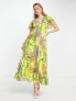 Фото #7 товара ASOS DESIGN angel cape sleeve pleated hem midi dress in yellow floral print