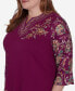 Plus Size Wine Country Women's Embroidered Floral Sleeve Split Neck Top