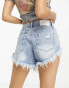 Glamorous Petite high waisted denim shorts with distressing in blue