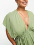 ASOS DESIGN Curve flutter sleeve maxi beach dress with tie detail in khaki