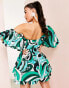 ASOS LUXE one shoulder cotton dress with corset detail and ruffles in green swirl print