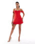 Murci shirred bust detail corset bardot lace up back mini dress in red