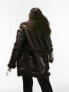 Topshop faux shearling mid length aviator jacket with faux fur details in brown